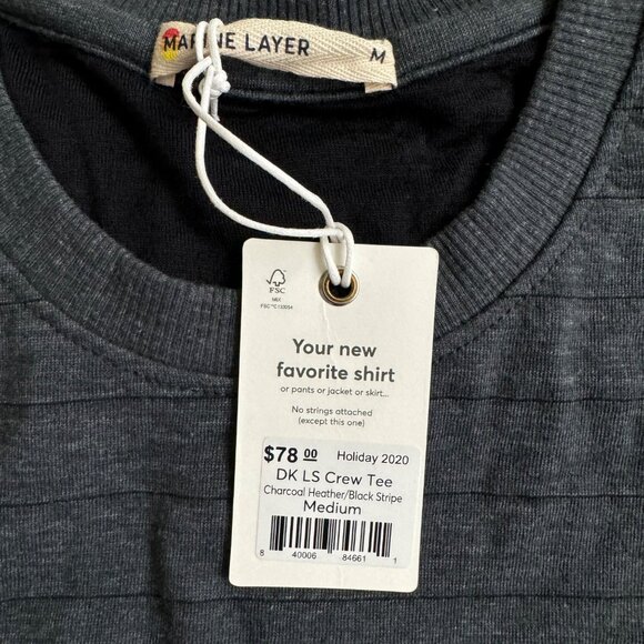 Marine Layer  DK LS crew tee charcoal heather/ black stripe sz medium new - Picture 6 of 9